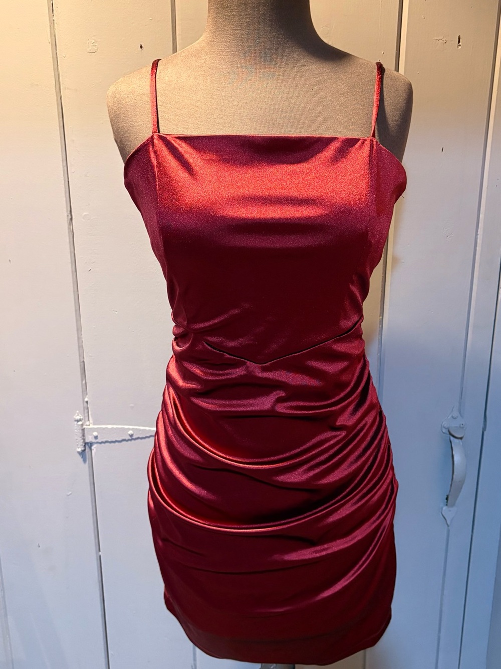 Emerald Sundae Satin Ruched Spaghetti-Strap Mini Dress in Deep Red